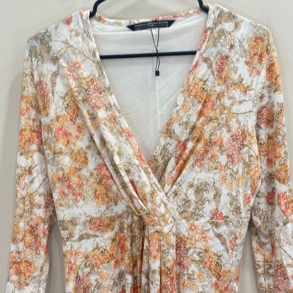 Peruvian Connection Persephone Dress Floral V-Neck Jersey Midi Orange Cream L - Picture 5 of 13